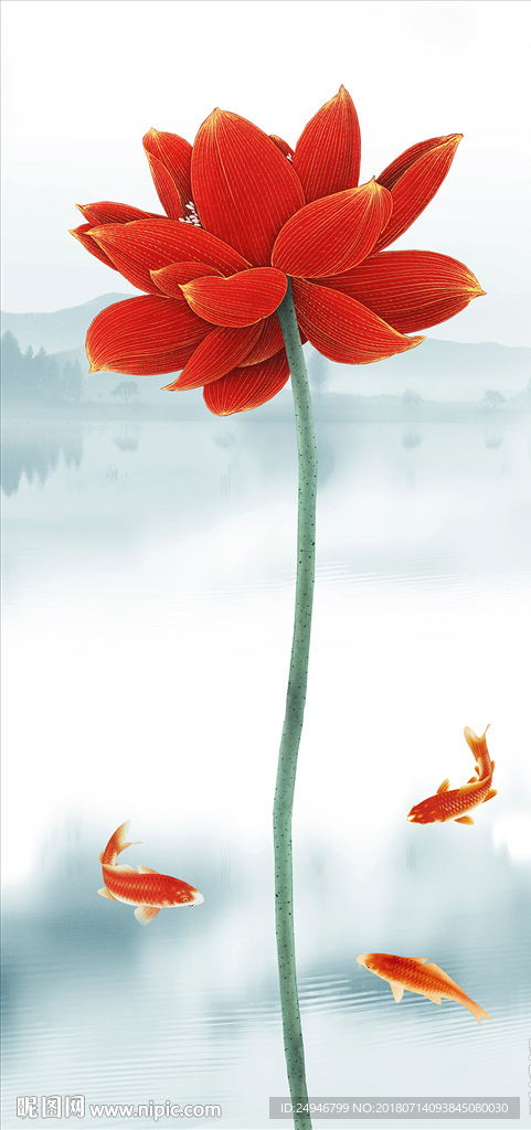 中式荷花抽象玄关背景墙