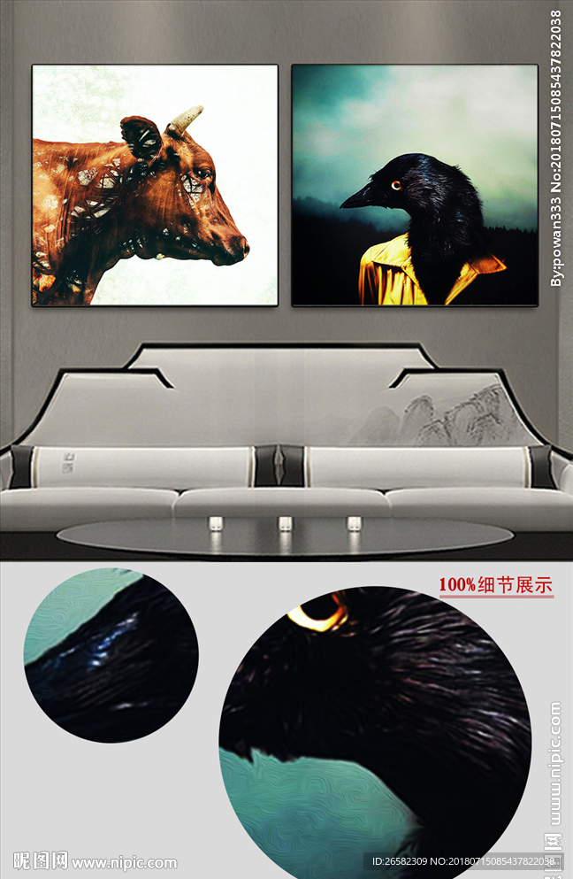 欧式复古动物油画两联装饰画