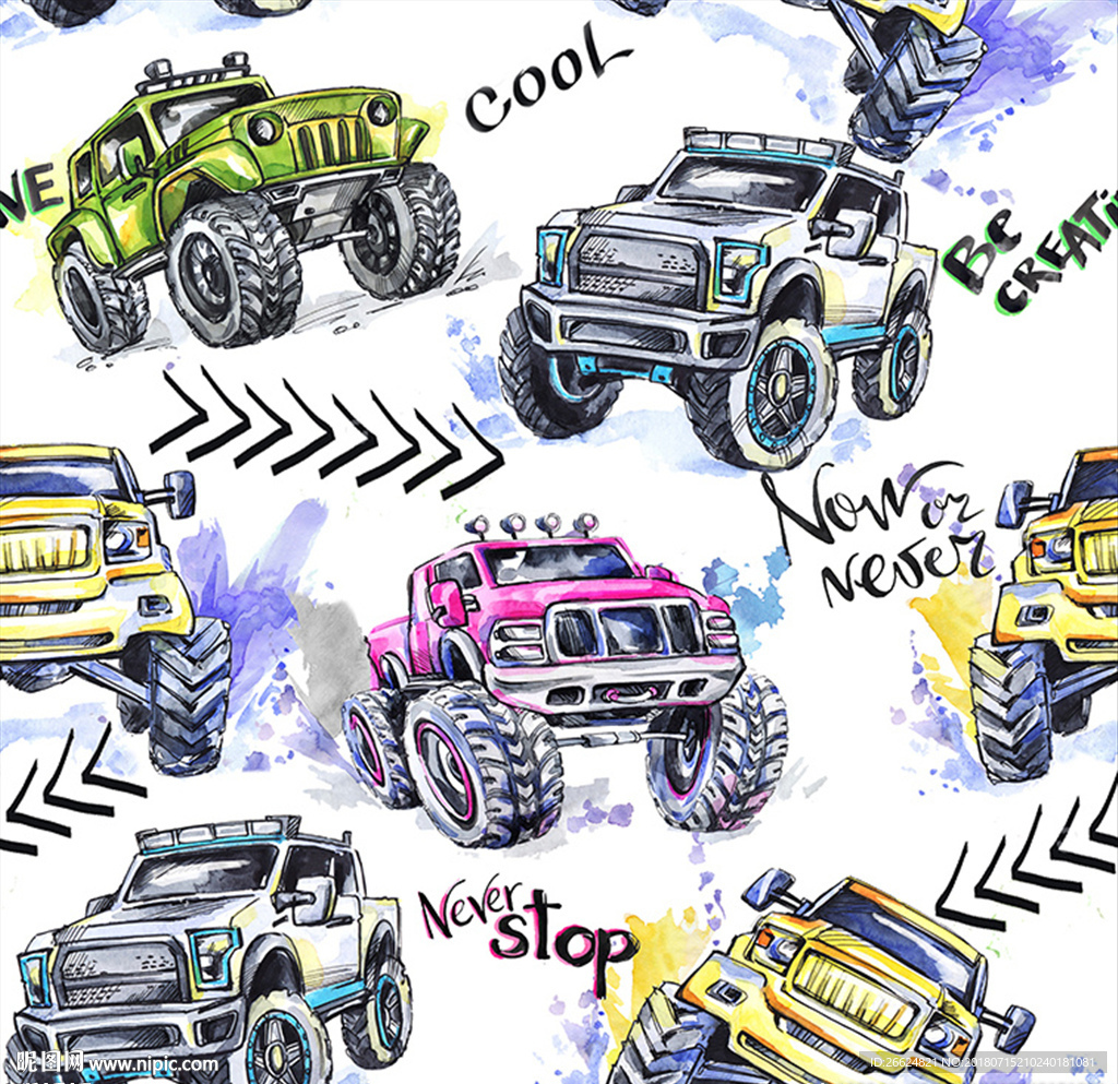 家纺水彩吉普车图案墙纸素材