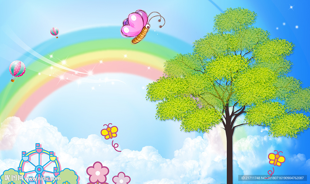儿童卡通大树彩虹电视背景墙