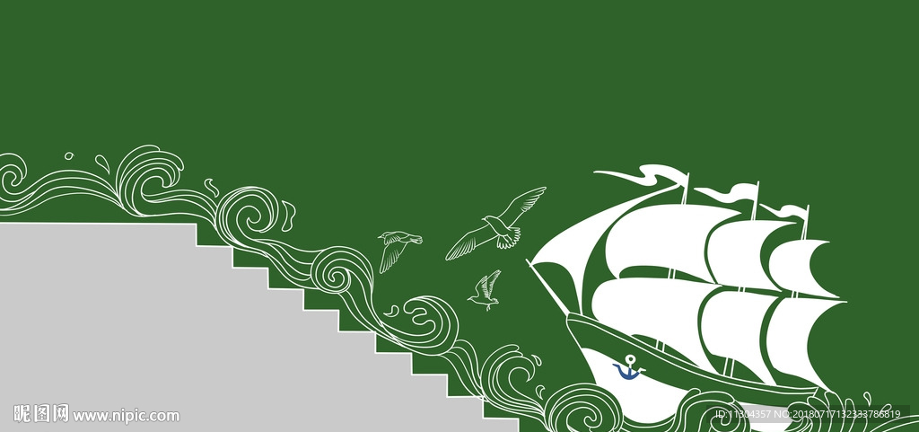 楼梯走廊装饰乘风破浪帆船海浪