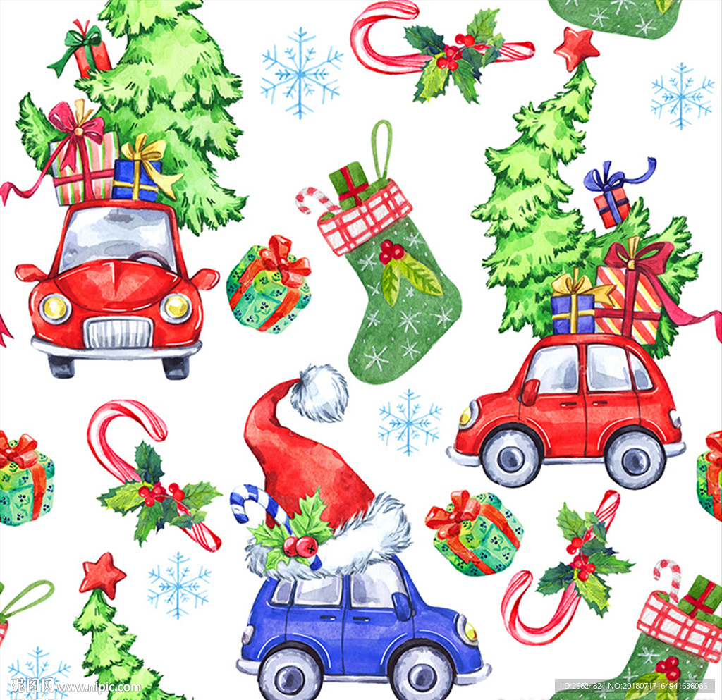 手绘水彩圣诞节圣诞树汽车素材
