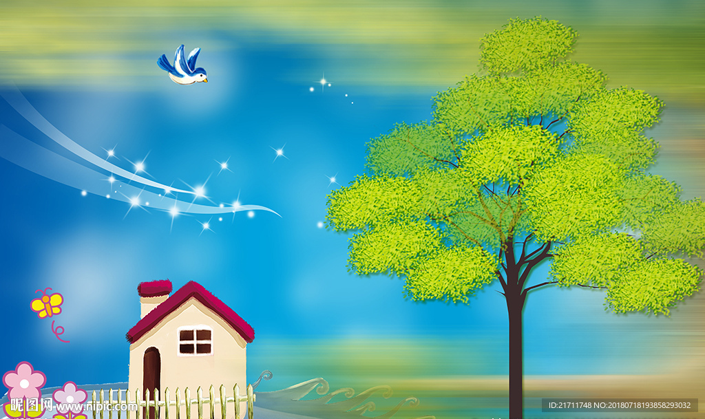 卡通大树小屋花卉大树背景墙
