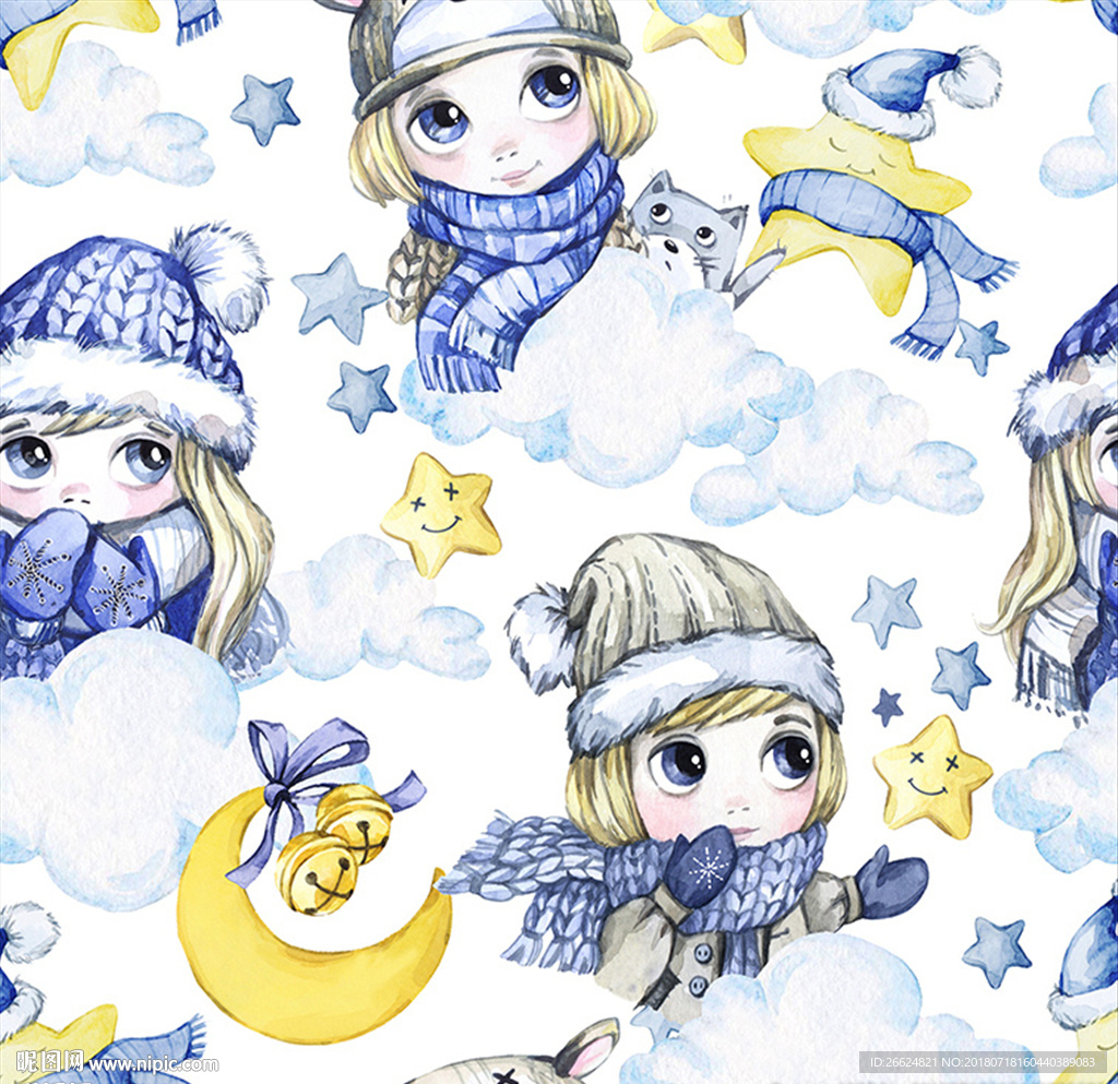 手绘水彩可爱小女孩星星月亮素材