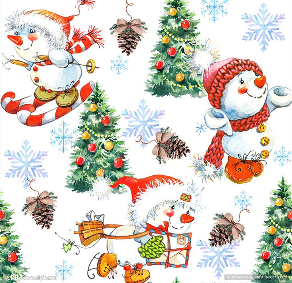 水彩圣诞雪人圣诞树素材