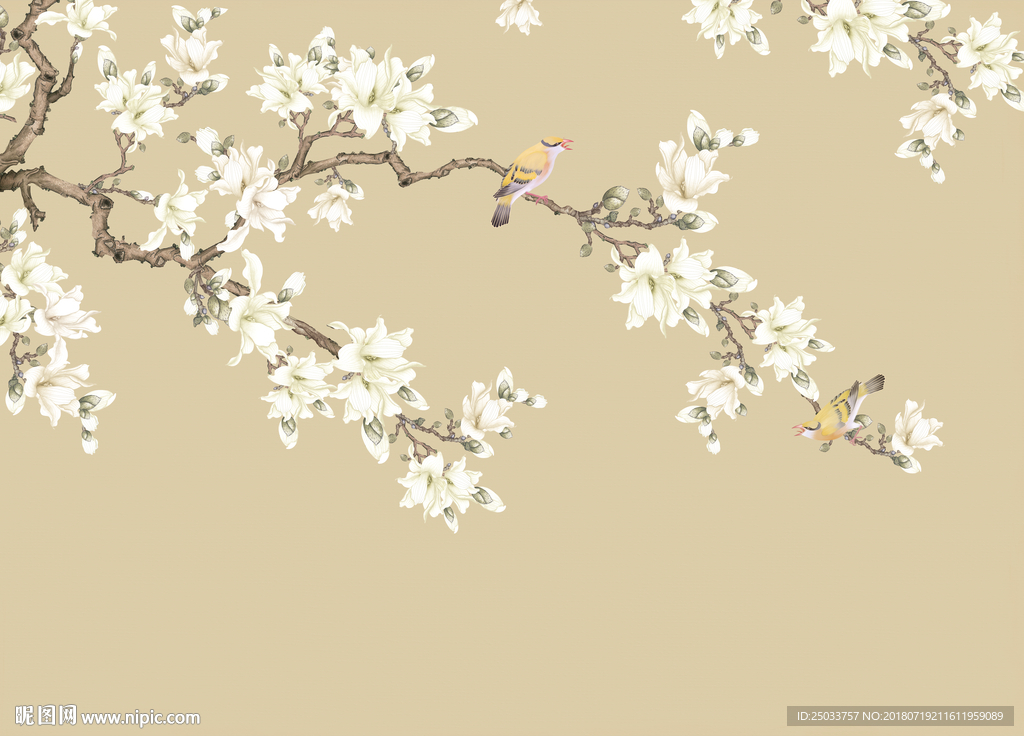 中式玄关屏风中国画鸟树创意背景