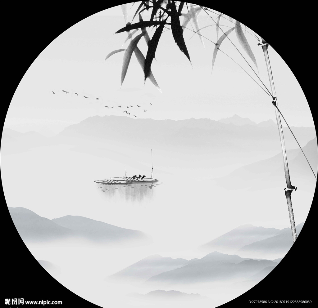 高清圆形玄关山水画装饰画