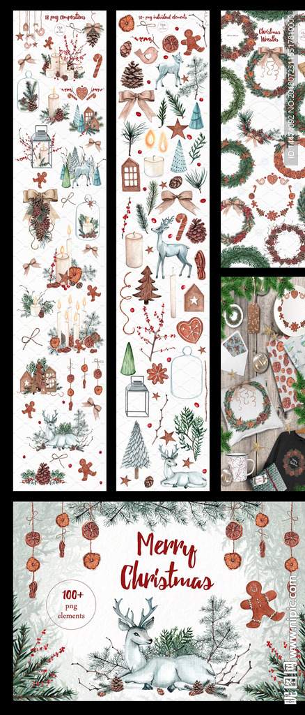 圣诞花环鹿姜饼松果插画