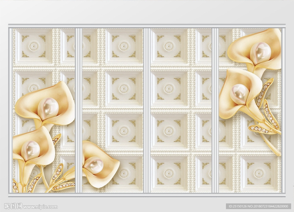 立体金色珍珠百合移门