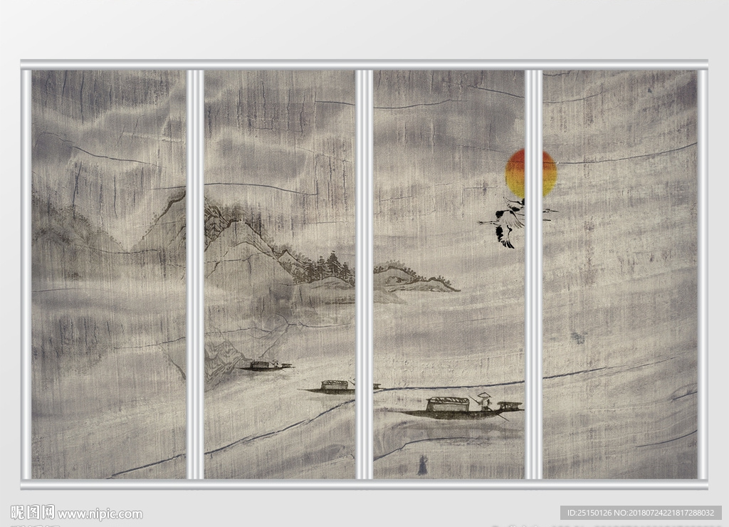 新中式水墨小舟飞鹤移门