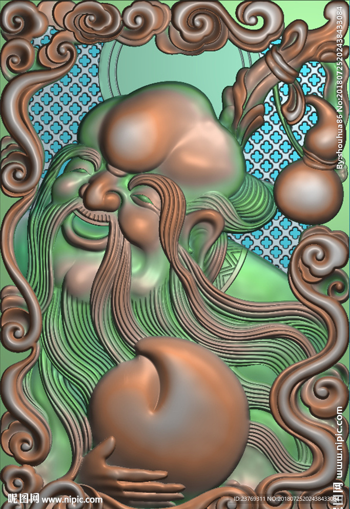 寿星抱桃挂件46牌精雕图浮雕图