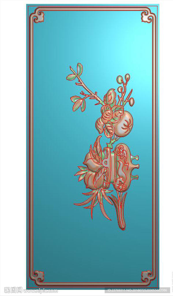 仿古桃子柿子花板精雕图浮雕灰度