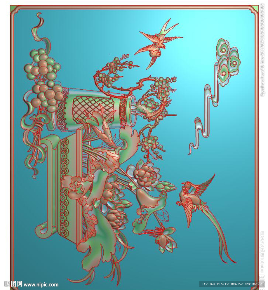 博古花瓶梅花荷花门板精雕图浮雕