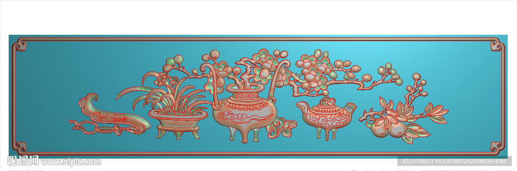 仿古梅花兰花博古花瓶围板精雕图