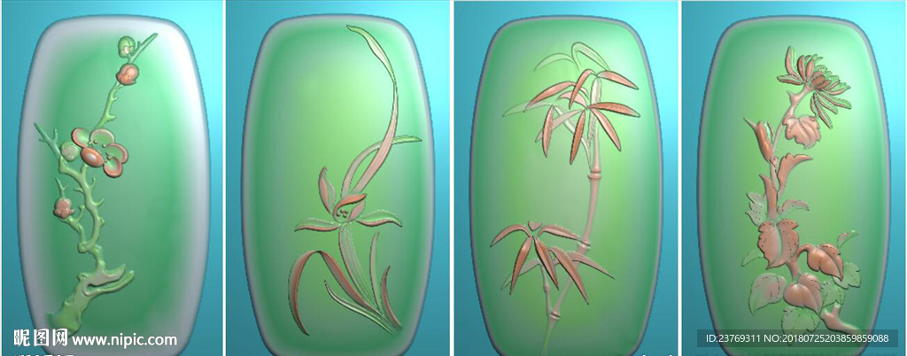 玉雕梅兰竹菊挂件精雕图浮雕灰度