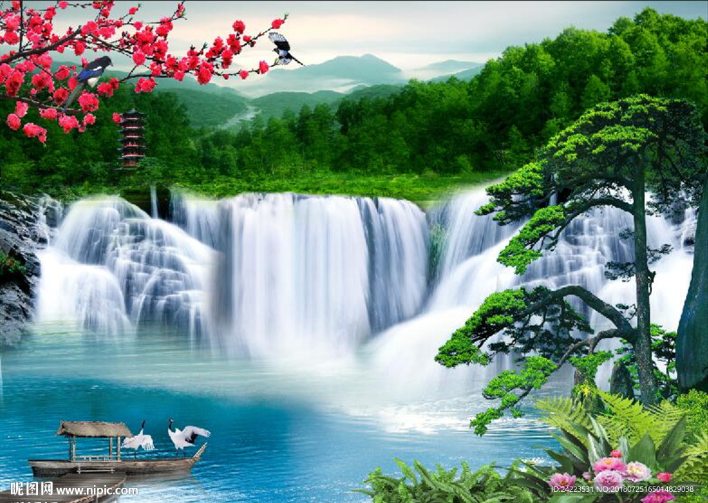 迎客松流水生财中堂画山水风景画