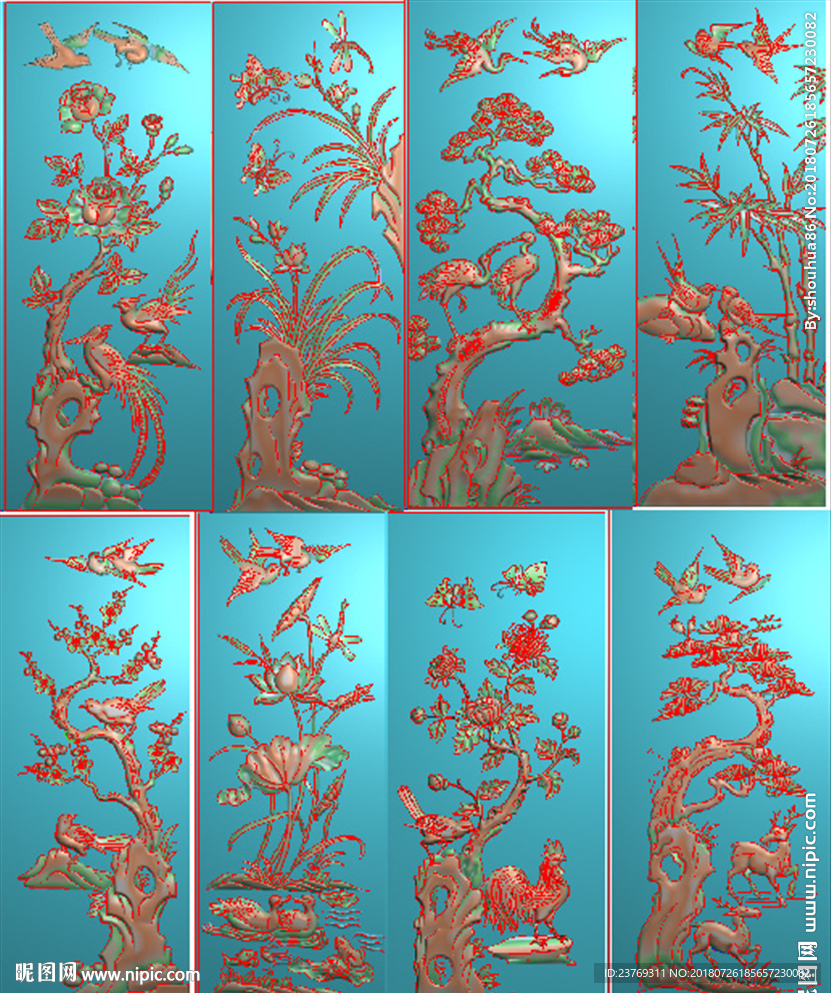 梅兰竹菊四季花鸟松鹤挂屏精雕图