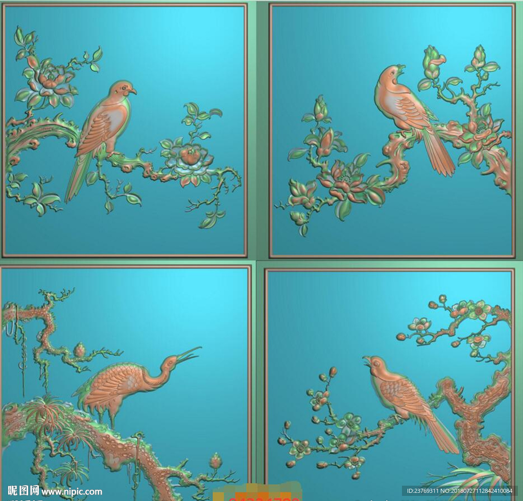 檀雕花鸟方形四季花鸟门板精雕图