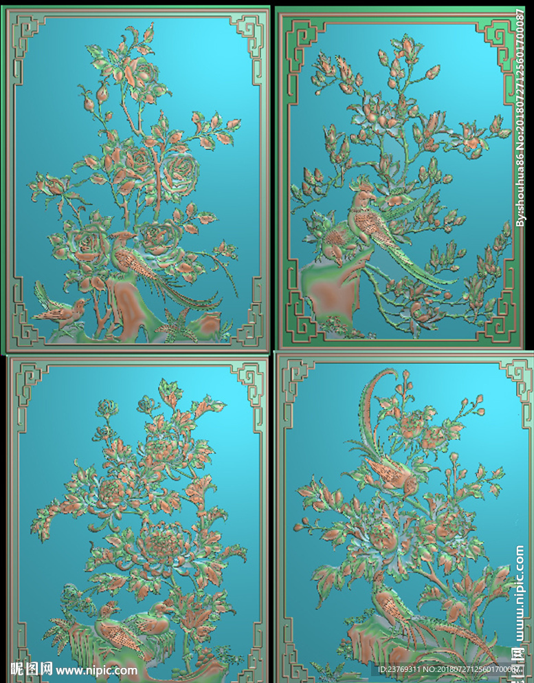 花开富贵四季花鸟门板精雕图浮雕