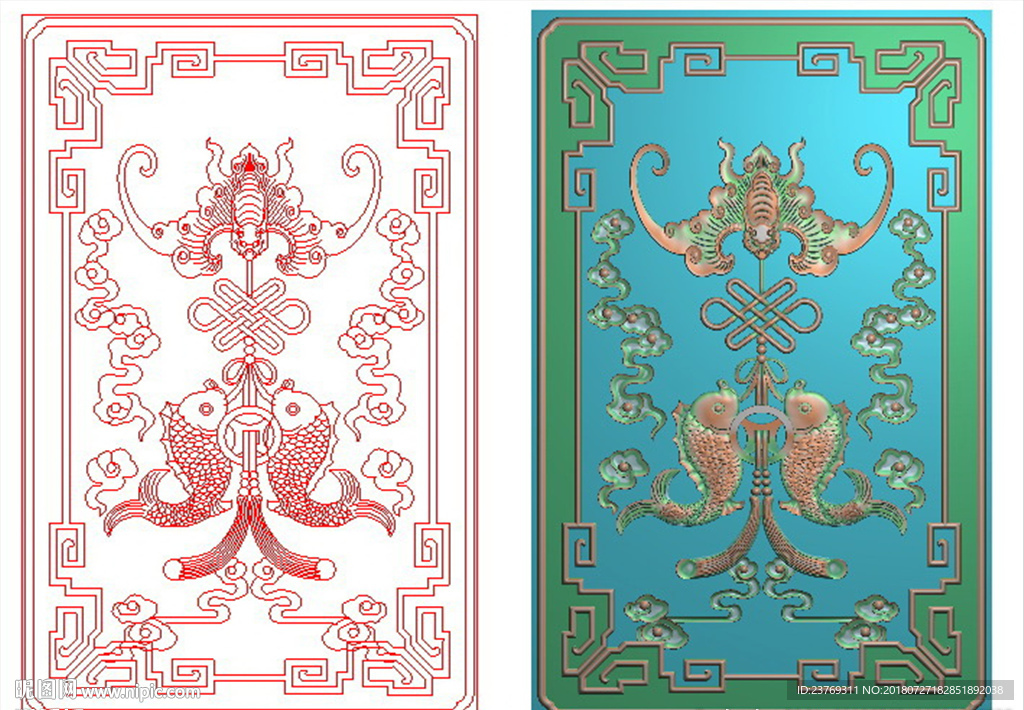 仿古蝙蝠双鱼博古靠背门板精雕图