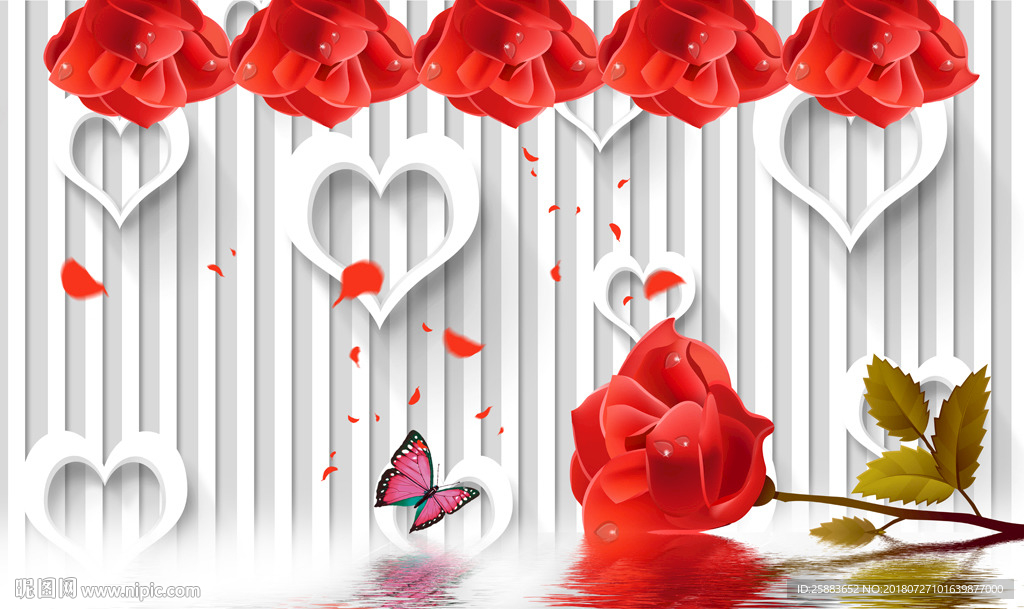 浪漫大气玫瑰3D电视背景墙