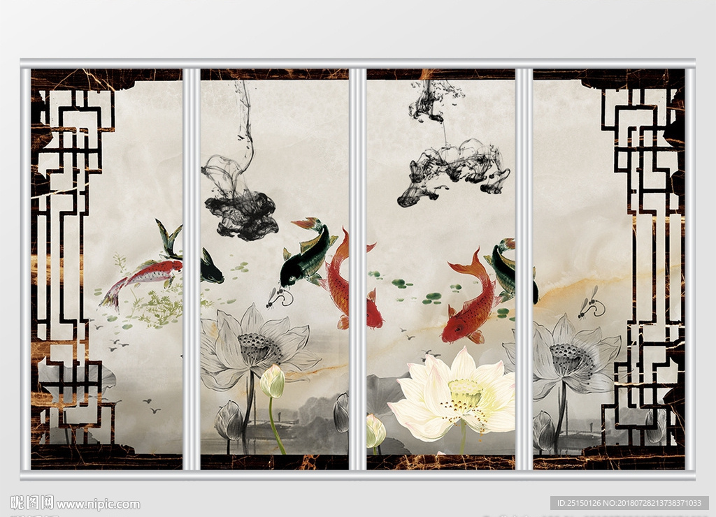 新中式金鱼荷花移门