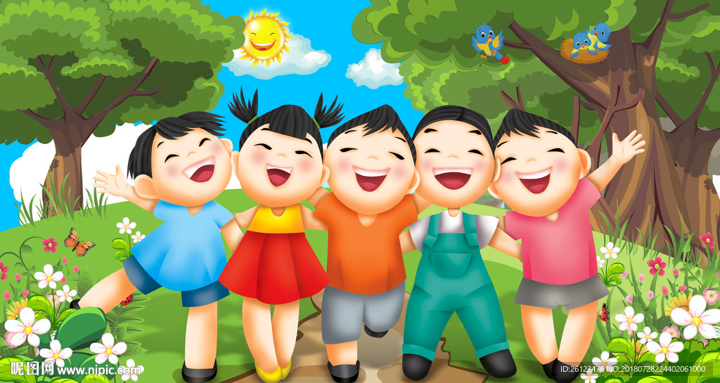 手绘卡通儿童学生人物风景背景