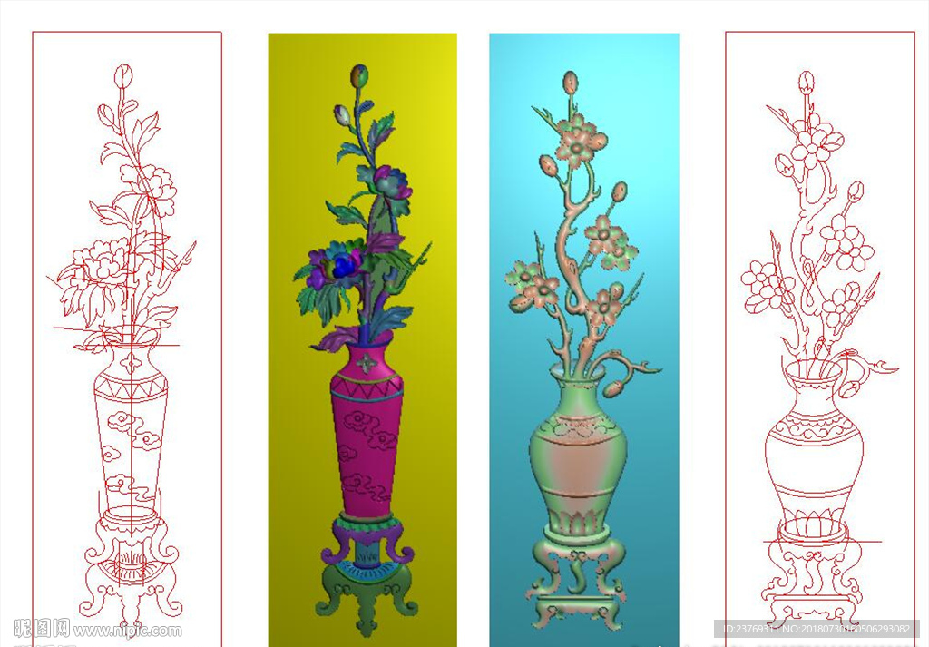 牡丹花梅花博古花瓶门板精雕图