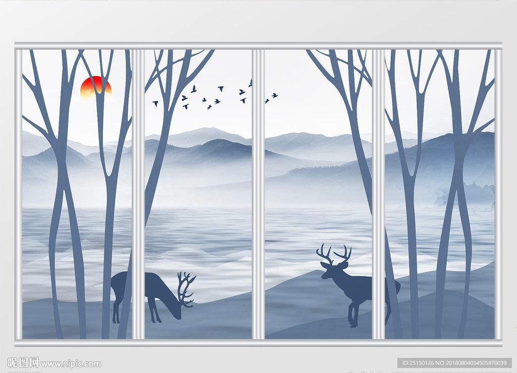 梦幻山水树林梅花鹿移门