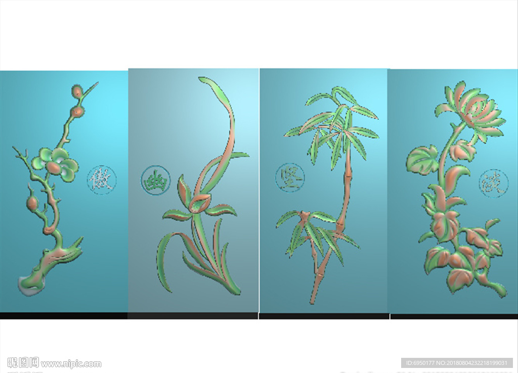 玉雕梅兰竹菊带字精雕浮雕灰度