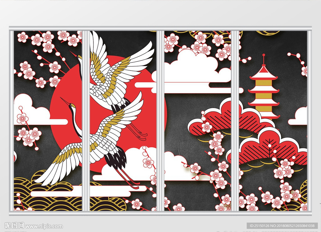 现代简约日式仙鹤樱花移门