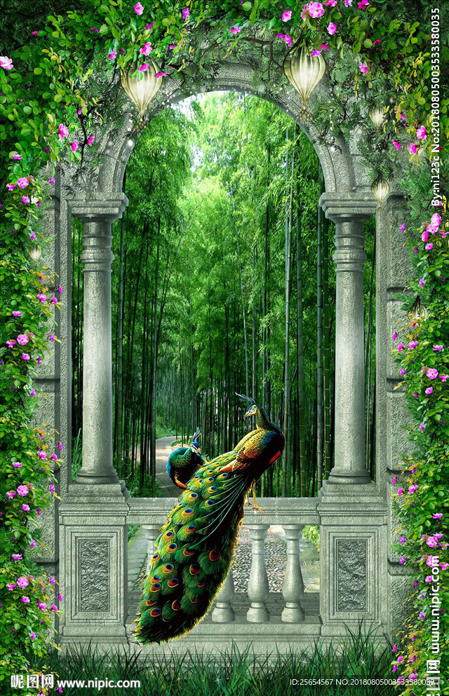 拱门梦幻田园孔雀花藤3D玄关