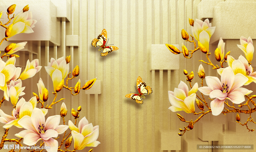 彩雕蝶恋花3D电视背景墙