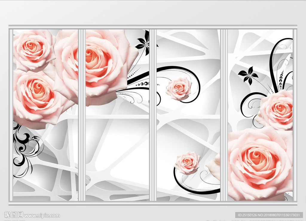 立体粉色玫瑰花移门