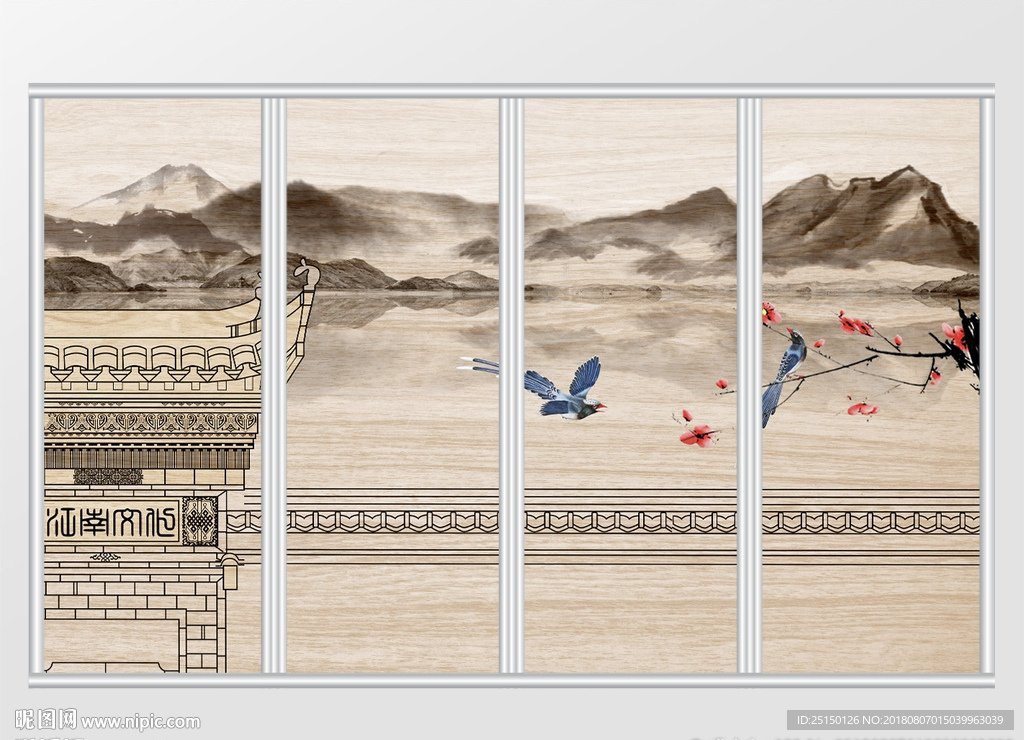 写意徽派远山飞鸟梅花树枝移门