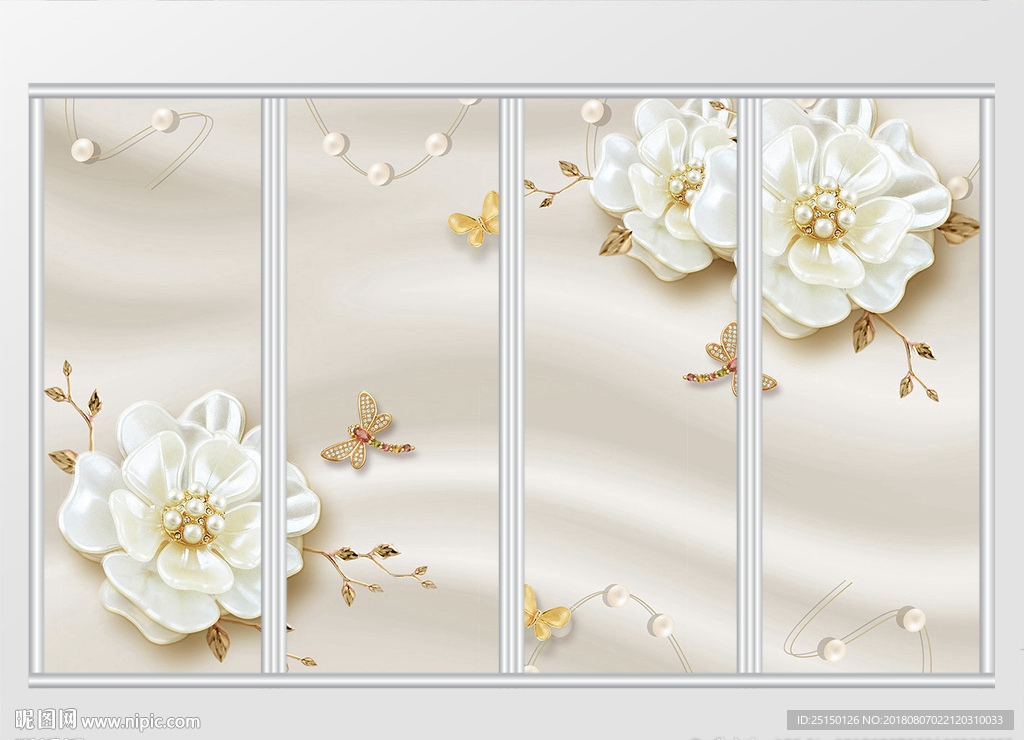 金蕊珠宝花朵金叶蜻蜓蝴蝶移门