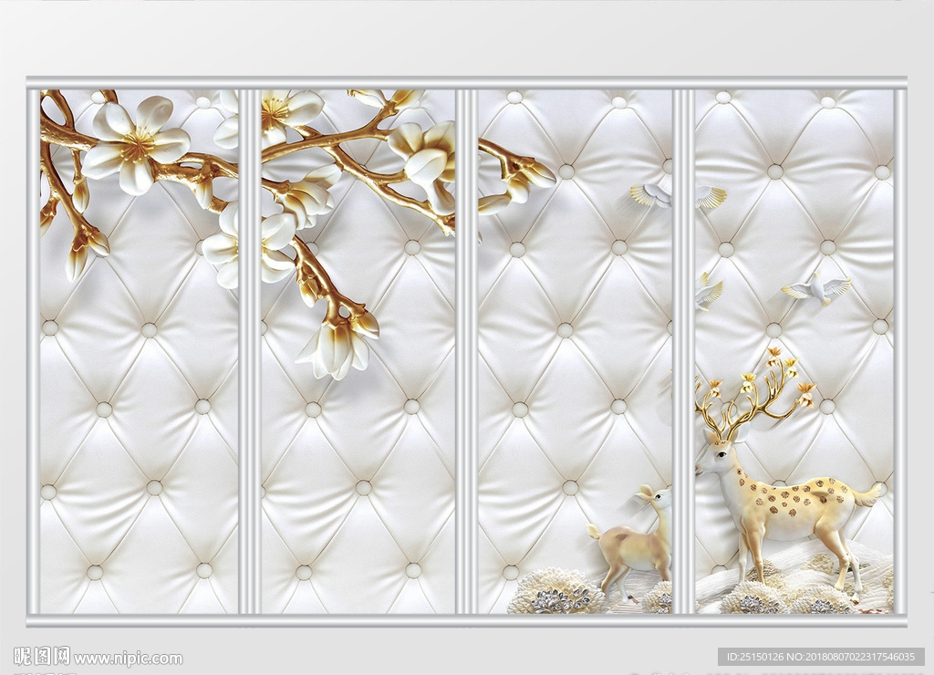 3d玉兰花枝珠宝钻石梅花鹿移门