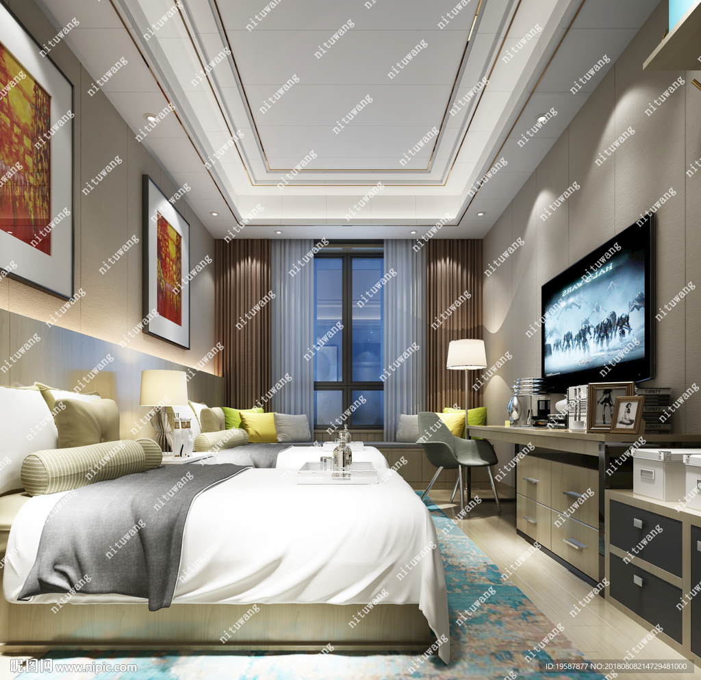 集成墙面简约酒店标间3D模型