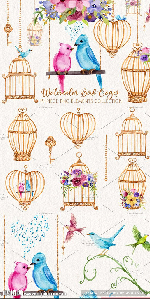 手绘金色鸟笼花鸟