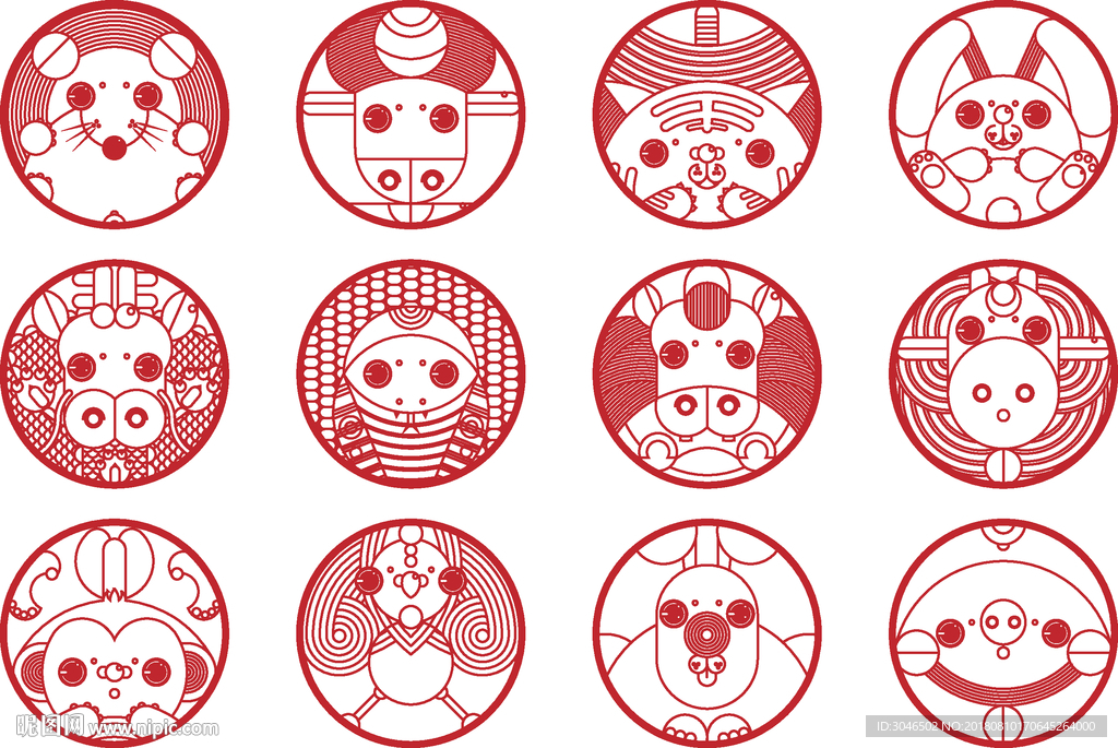 可爱卡通十二生肖属相剪纸图案