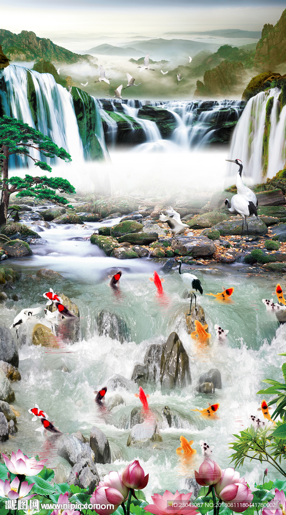 流水生财荷花瀑布3D立体画地板