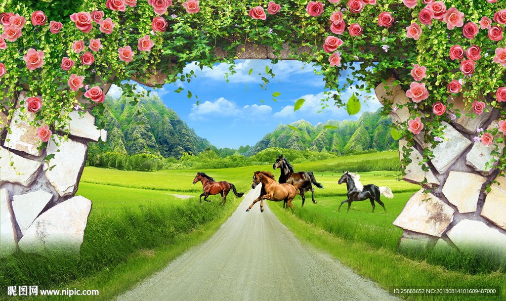 石墙花藤拱门画中画电视背景墙