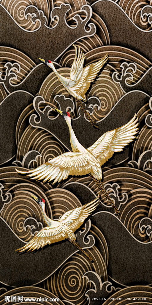 金色海浪飞鹤新中式玄关画