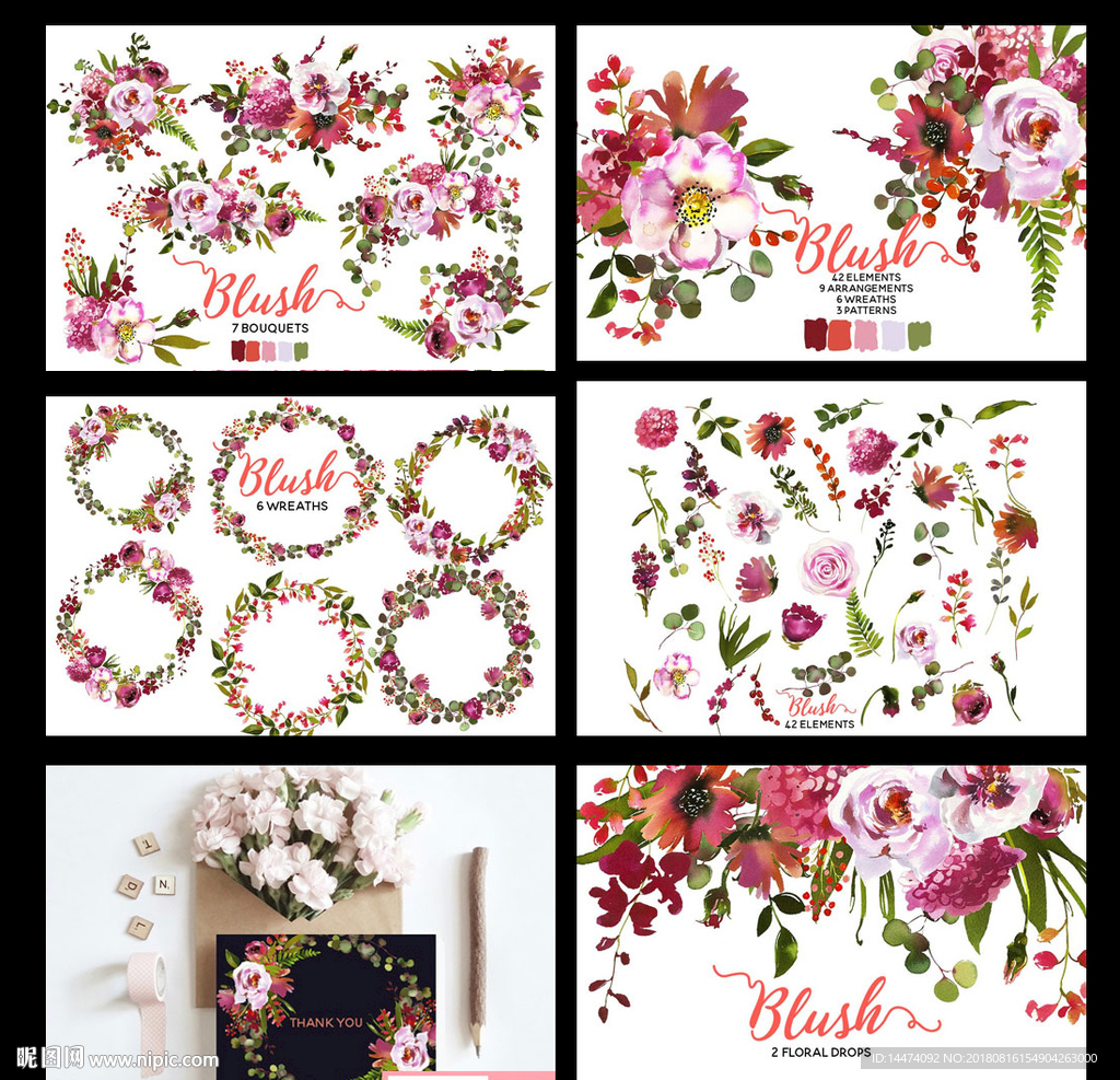 水彩花卉婚礼装饰花边花环背景