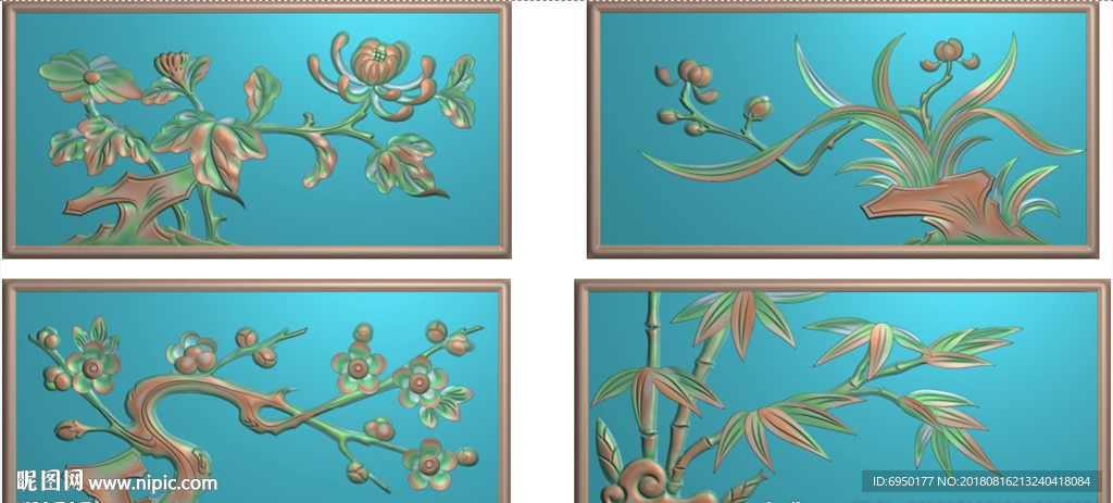 梅兰竹菊四季花抽屉精雕浮雕灰度