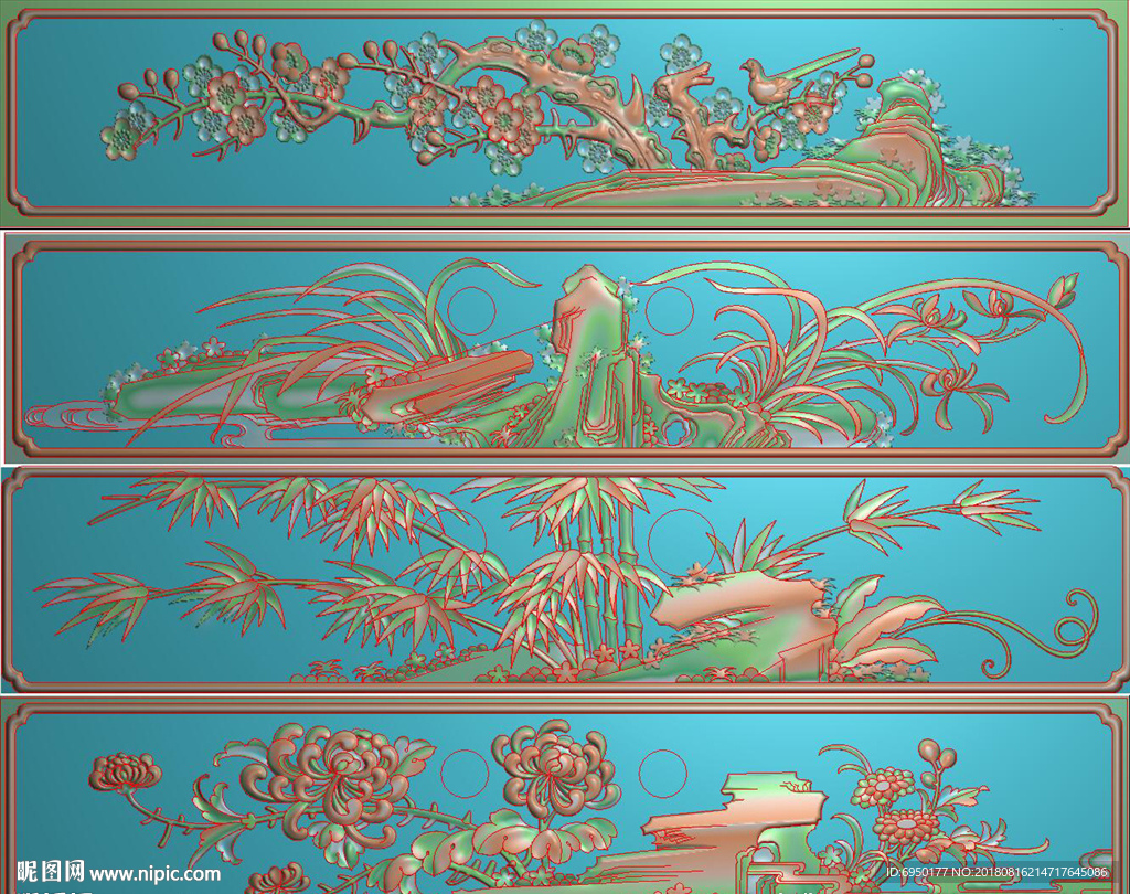 梅兰竹菊四季花鸟抽斗精雕浮雕