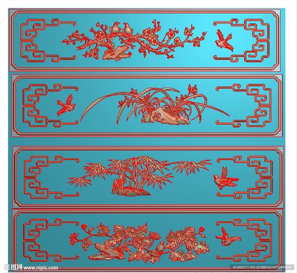 梅兰竹菊四季花鸟抽屉精雕浮雕