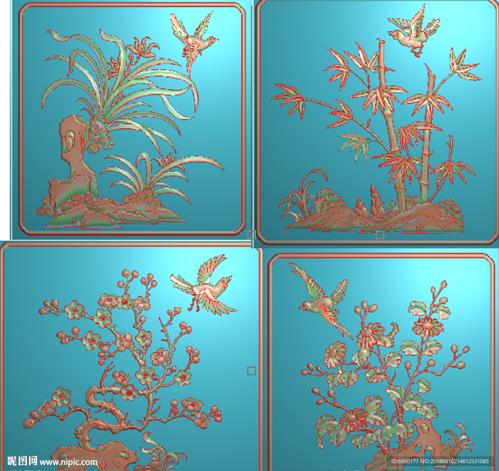 梅兰竹菊花鸟小门板精雕浮雕灰度