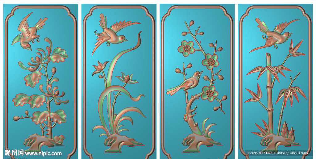 梅兰竹菊花鸟背板精雕浮雕灰度