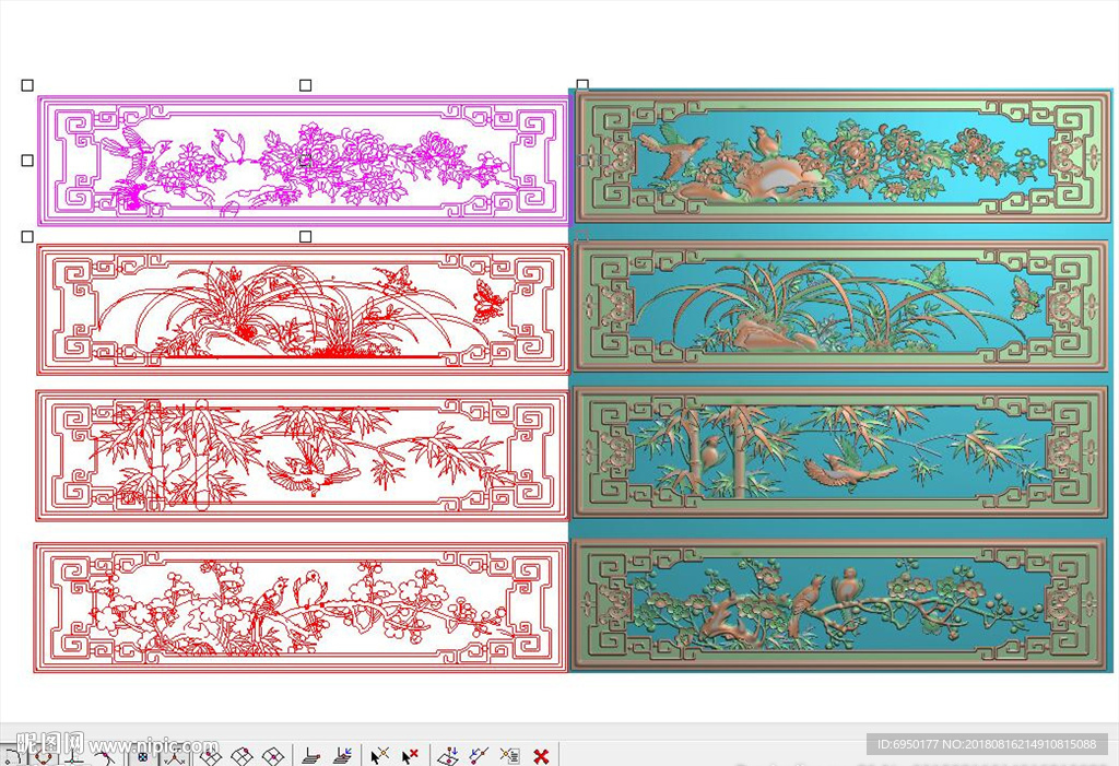 梅兰竹菊花鸟抽斗精雕浮雕灰度
